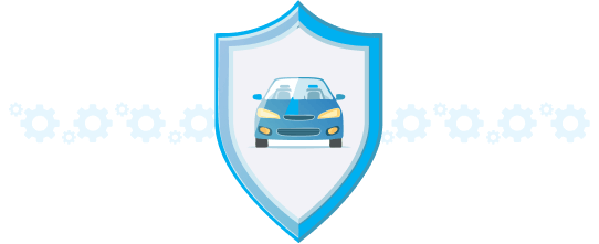 Car inside shield with gear icons representing auto insurance protection, vehicle safety, and automotive security services
