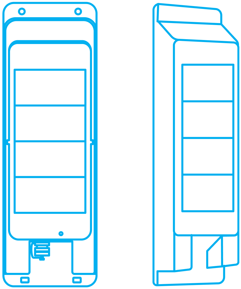 Technical illustration showing front and side view of electronic device housing with slots and component compartments