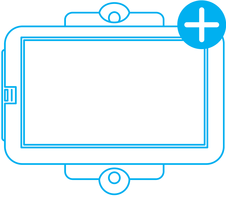 Lineart illustration of FleetONE+ GPS tracking device with screen outline and plus symbol for enhanced fleet management