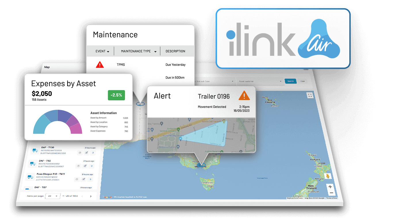 iLink Air fleet management dashboard showing asset expenses, maintenance alerts, trailer tracking and real-time GPS map