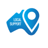Local support icon with map of Australia and location pin featuring a headset symbol, indicating regional assistance.