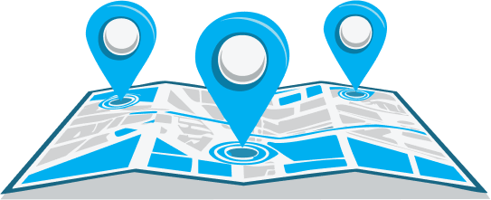 Map illustration with blue location pins for business address, navigation, store locator, and contact information