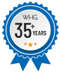 Blue and white badge icon showing WHG 35+ years of experience with three stars and ribbon design.