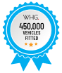Blue and white ribbon badge showing WHG 450,000 vehicles fitted with three stars for achievement recognition.